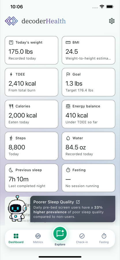 decoderHealth dashboard showing today's weight, BMI, TDEE, goal, calories, energy balance, steps, water, sleep and fasting tiles