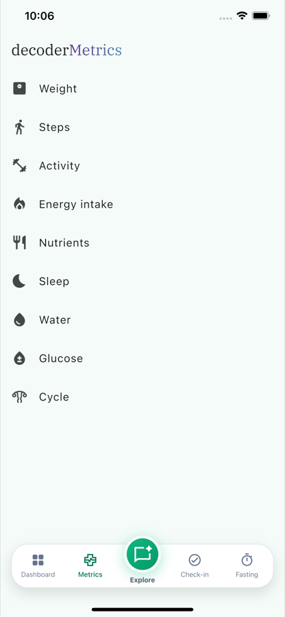 Metrics list screen with one row per tracked metric
