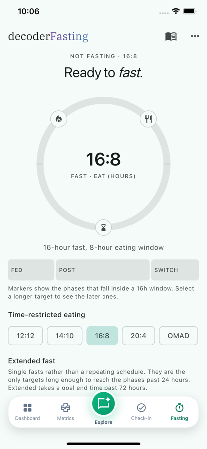 Fasting screen with a 16:8 ring and phase markers