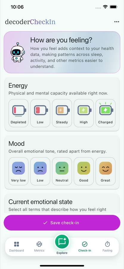 Check-in screen with mood and energy entry and a weekly heatmap